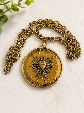 Vintage Scorpio Zodiac Pendant Necklace in Antique Gold